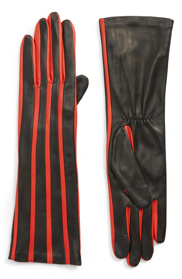 Women's Agnelle Stripe Lambskin Leather Gloves - Black