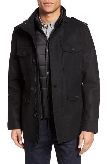 Men's Black Rivet Long Button Front Coat, Size - Black