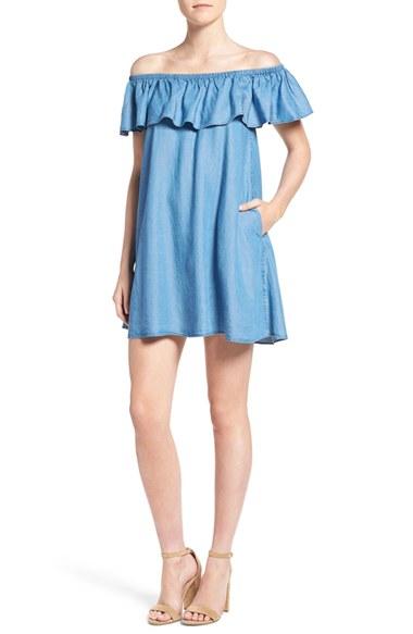 Women's Rebecca Minkoff Dev Chambray Off The Shoulder Trapeze Dress