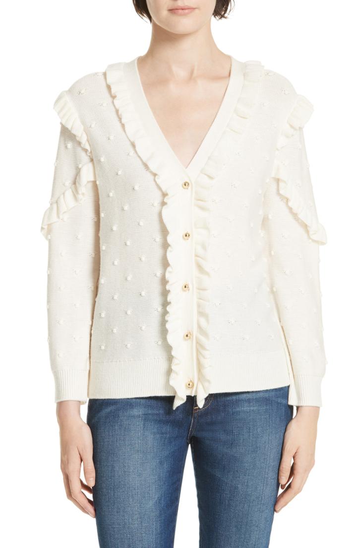 Women's Kate Spade New York Ruffle Pom Cardigan, Size - Ivory