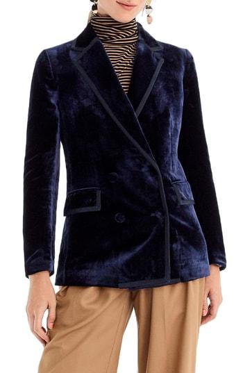 Women's J.crew Double Breasted Drapey Velvet Blazer - Blue
