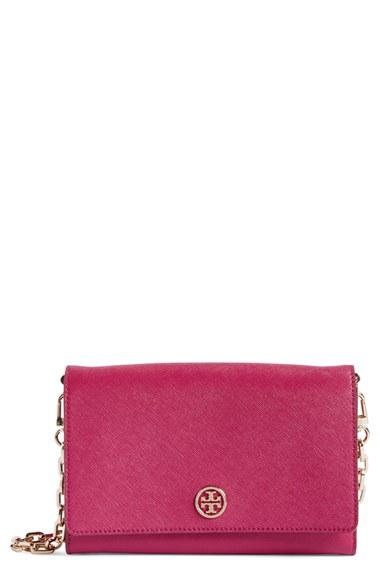 Women's Tory Burch 'robinson' Leather Wallet On A Chain - Pink