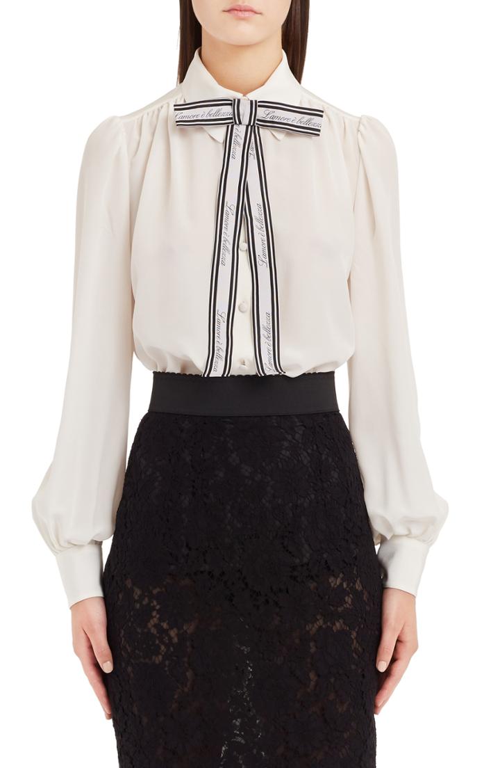 Women's Dolce & Gabbana Bow Neck Silk Crepe De Chine Blouse Us / 40 It - White
