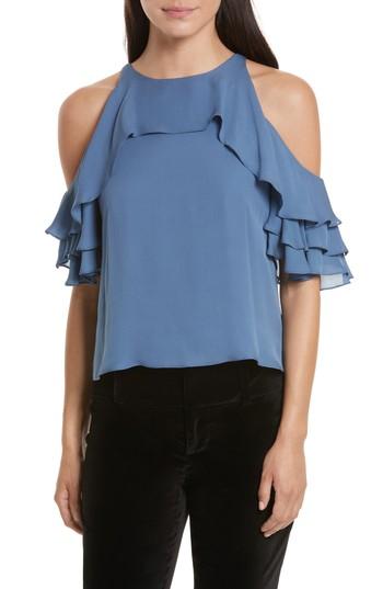 Women's Alice + Olivia Idalla Cold Shoulder Ruffle Silk Blouse - Blue