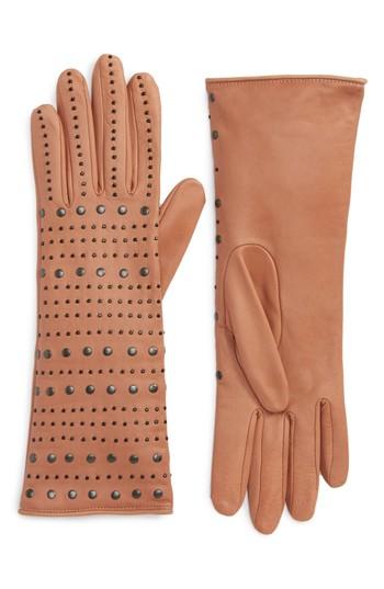 Women's Agnelle Studded Lambskin Leather Gloves - Beige