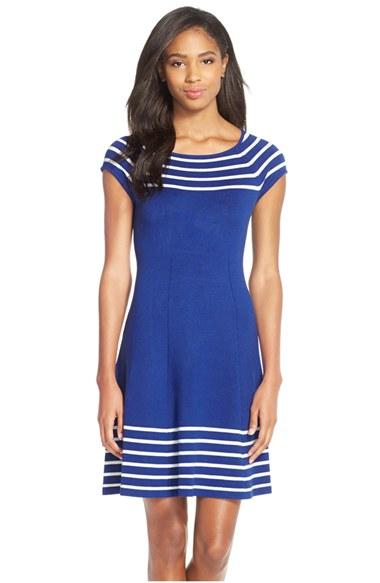 Women's Eliza J Stripe Knit Flared Dress - Blue