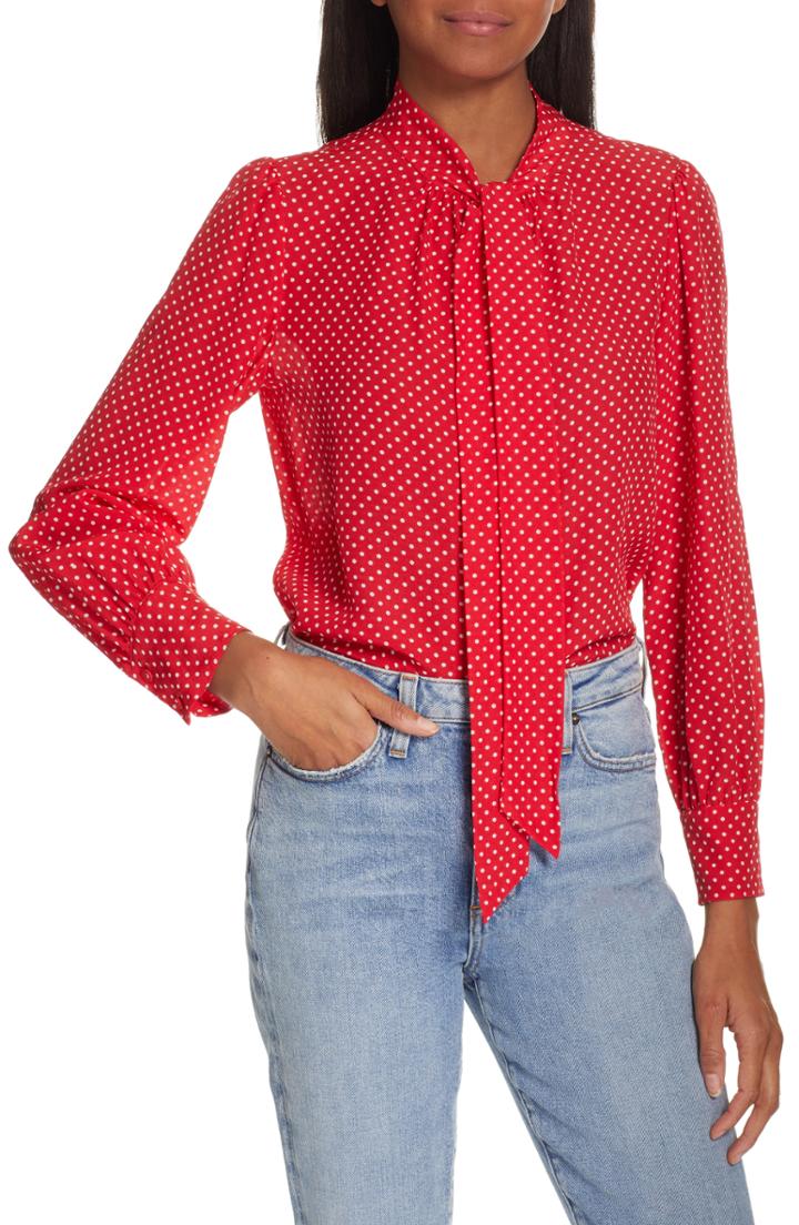 Women's Rebecca Taylor Dot Print Scarf Tie Silk Blouse - Burgundy