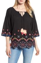 Women's Kas New York Hand Embroidered Cotton Peasant Blouse - Black