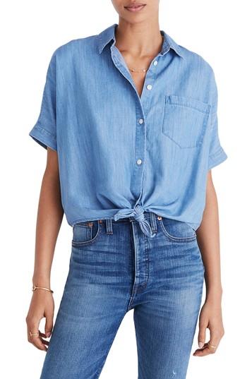 Women's Madewell Tie Front Short Sleeve Denim Shirt, Size - Blue