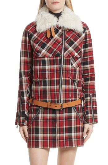 Women's Rag & Bone Etiene Plaid Jacket With Genuine Lamb Fur Collar - Red