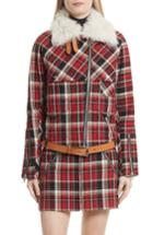 Women's Rag & Bone Etiene Plaid Jacket With Genuine Lamb Fur Collar - Red