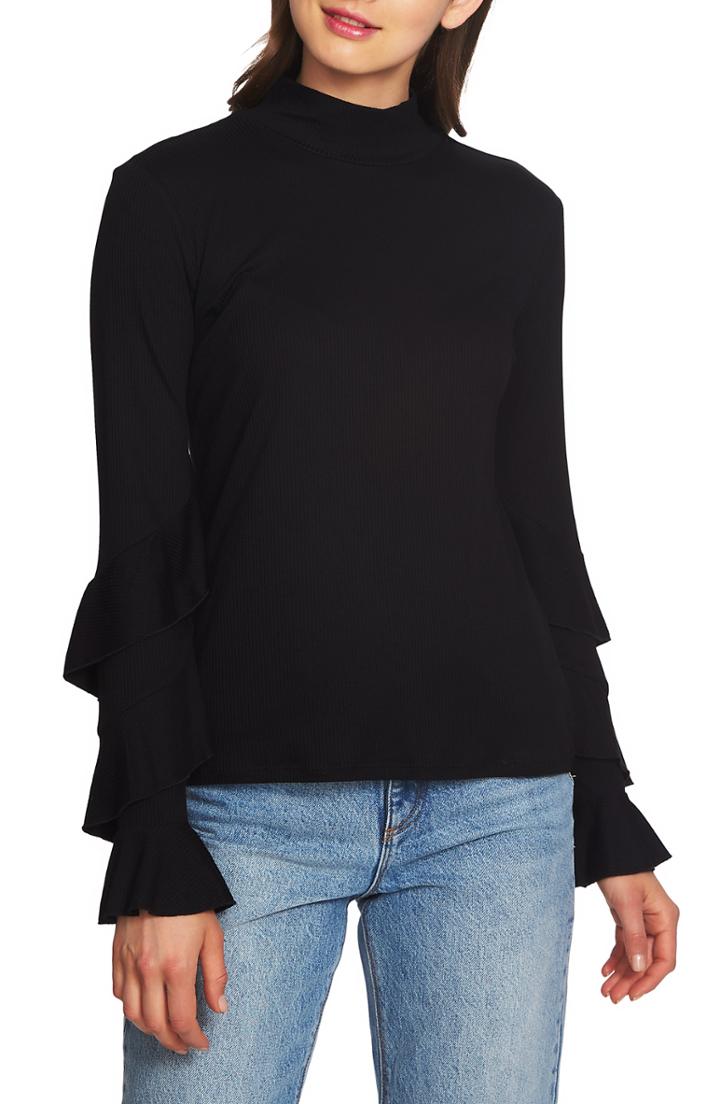 Women's 1.state Ruffle Sleeve Rib Knit Top - Black