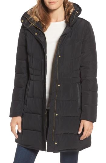 Women's Cole Haan Quilted Down & Feather Fill Jacket With Faux Fur Trim - Black