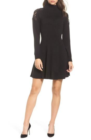 Women's Eliza J Lace Shoulder Turtleneck Sweater Dress - Black