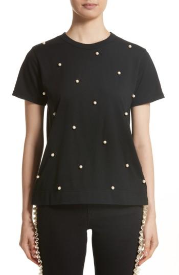 Women's Tu Es Mon Tresor Imitation Pearl Embellished Tee - Black
