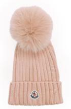 Women's Moncler Genuine Fox Fur Pom Wool Beanie - Pink