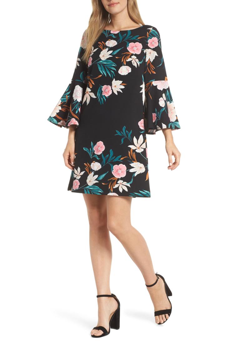 Women's Eliza J Bell Sleeve Floral Print Shift Dress - Black