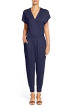 Petite Women's Loveappella Short Sleeve Wrap Top Jumpsuit P - Blue