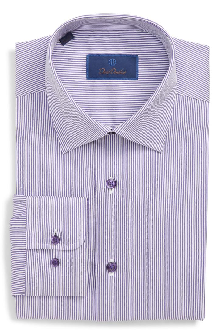 Men's David Donahue Regular Fit Stripe Dress Shirt - 34/35 - Purple