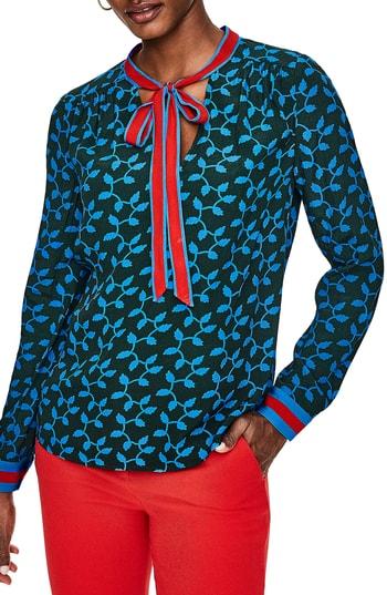 Women's Boden Stripe Detail Tie Neck Blouse - Green