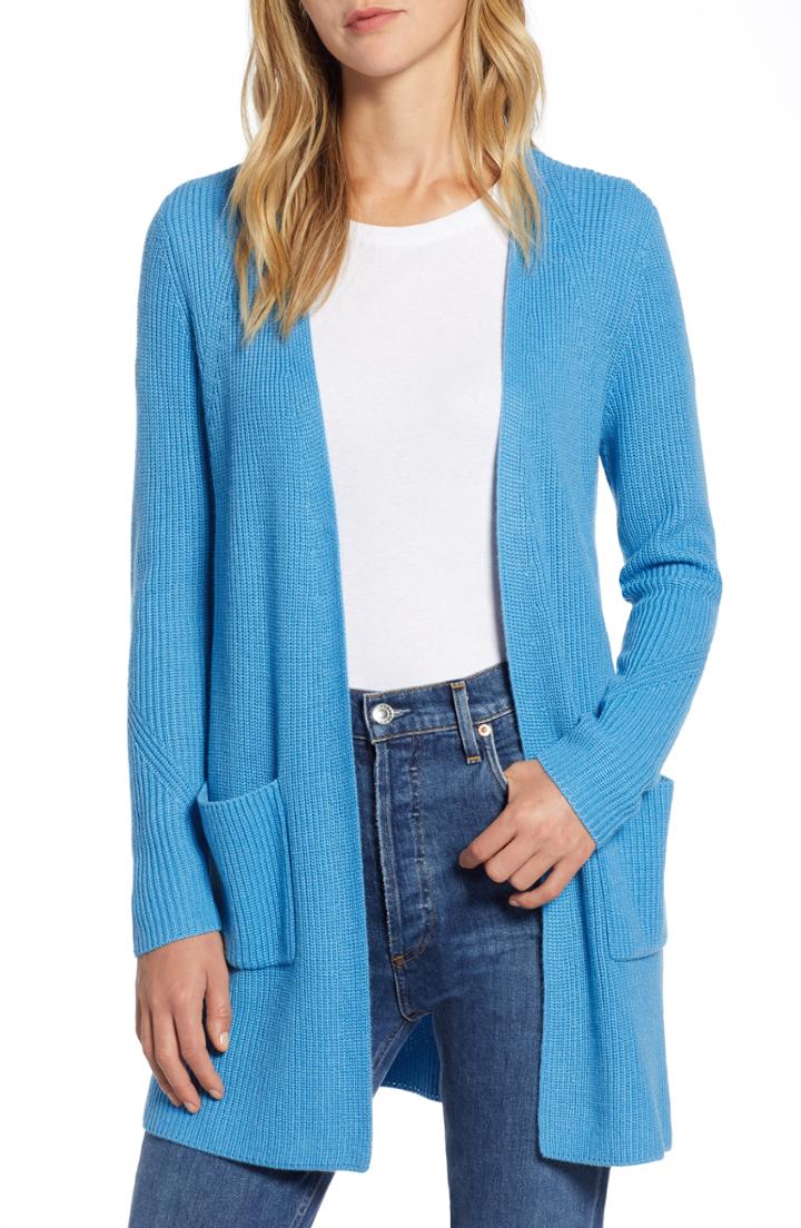 Petite Women's Halogen Long Ribbed Cardigan P - Blue