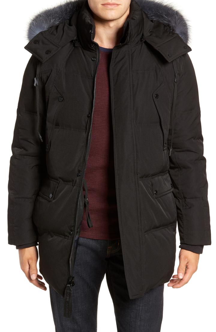 Men's Andrew Marc Genuine Fox Fur Trim Down Parka - Black