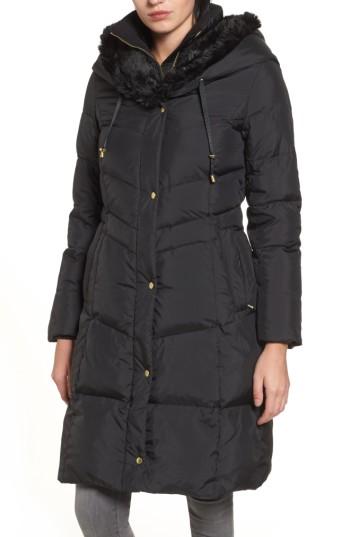 Women's Cole Haan 3/4 Down Coat With Faux Fur Hood