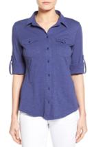 Petite Women's Caslon Roll Sleeve Cotton Knit Shirt P - Blue