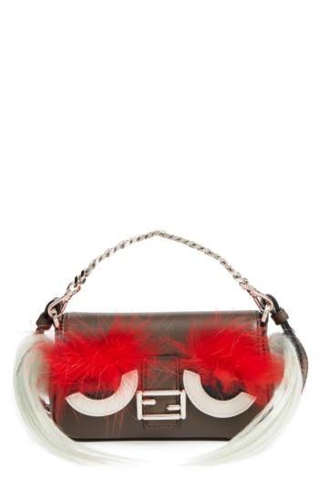 Fendi 'micro Monster' Lambskin Leather, Genuine Fox Fur & Genuine Kidassia Goat Fur Baguette - Grey