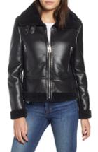 Women's Kensie Faux Leather Moto Jacket With Faux Shearling Trim - Black