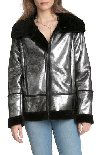 Women's Avec Les Filles Metallic Biker Jacket With Faux Shearling Trim