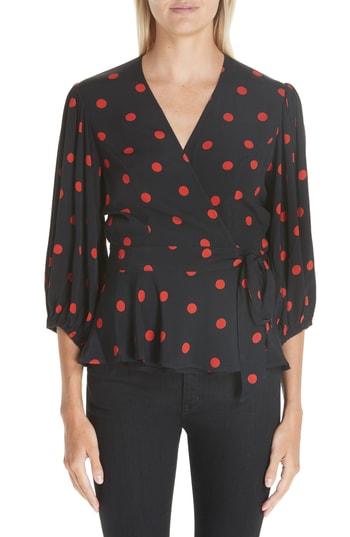 Women's Ganni Polka Dot Wrap Blouse Us / 34 Eu - Black