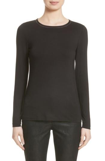 Women's Lafayette 148 New York Embellished Neck Long Sleeve Tee - Black