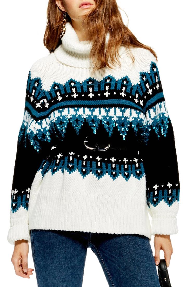 Women's Topshop Sequin Oversize Fair Isle Sweater - Ivory