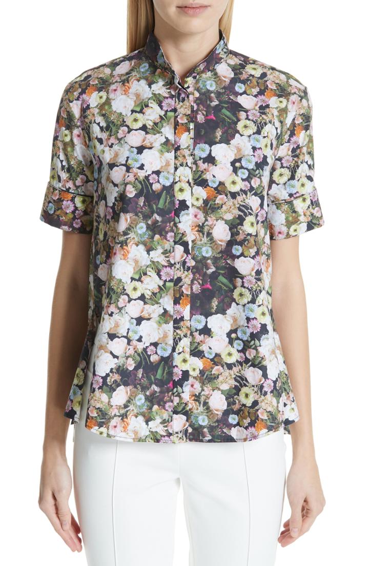 Women's Adam Lippes Floral Print High/low Poplin Shirt - Black