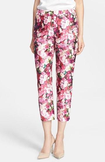 Kate Spade New York 'jackie' Rose Print Cotton & Silk Capri Pants Womens Cildro Rose