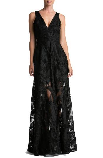 Women's Dress The Population Marlene Plunging Embroidered Mesh Maxi Dress - Black