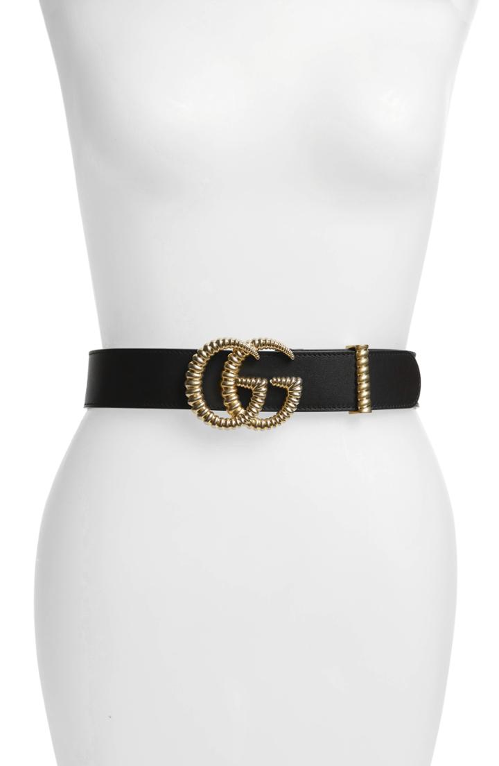 Women's Gucci Textured Gg Logo Leather Belt 0 - Nero