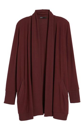 Petite Women's Gibson Cozy Fleece Ribbed Cardigan, Size Regular - Burgundy