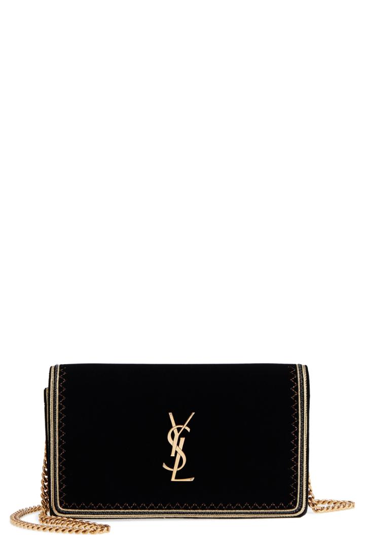 Women's Saint Laurent Monogram Velour Wallet On A Chain -