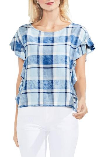 Women's Vince Camuto Indigo Plaid Flutter Sleeve Blouse, Size - Blue