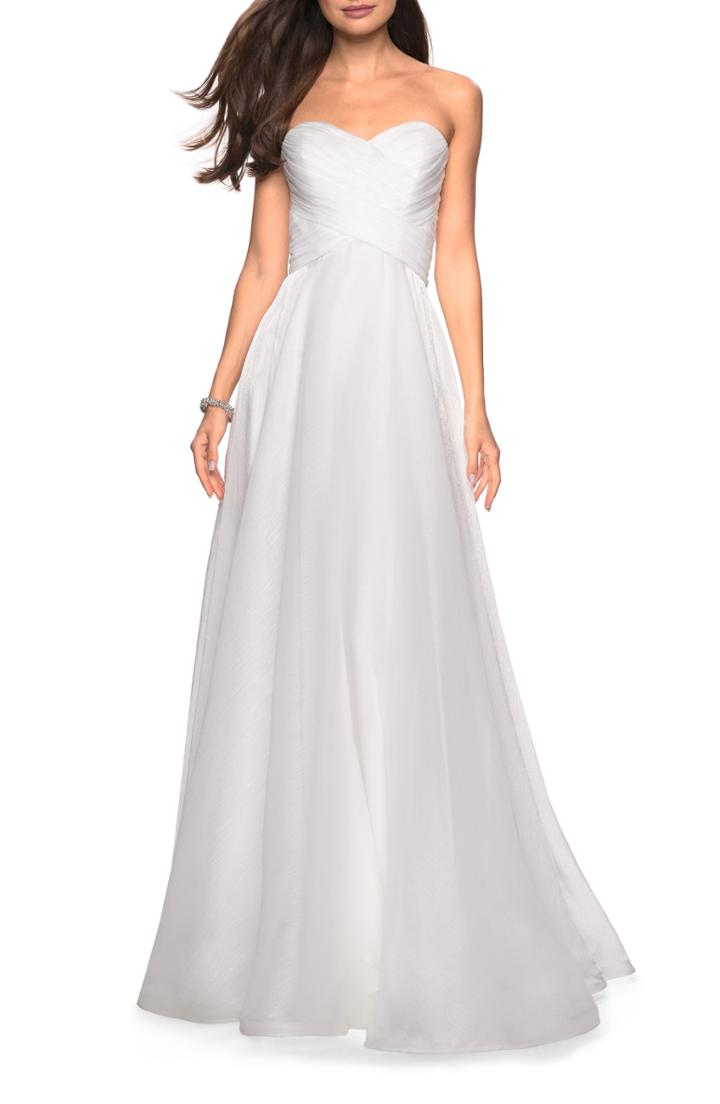 Women's La Femme Strapless Metallic Chiffon Evening Dress - White