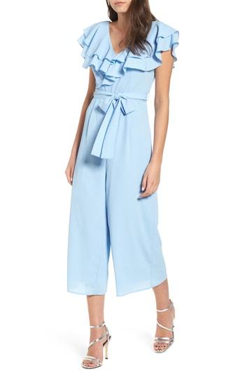 Women's Lost Ink Ruffle Crop Jumpsuit - Blue