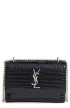 Saint Laurent Mini Monogram Sunset Croc Embossed Leather Shoulder Bag - Black