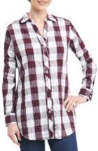 Petite Women's Foxcroft Fay Crinkle Plaid Stretch Cotton Blend Tunic Shirt P - Burgundy