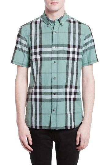 Men's Burberry 'elfords' Slim Fit Short Sleeve Check Linen & Cotton Sport Shirt - Green