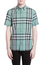 Men's Burberry 'elfords' Slim Fit Short Sleeve Check Linen & Cotton Sport Shirt - Green