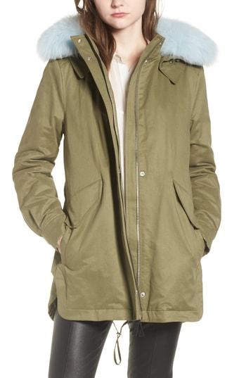 Women's Derek Lam 10 Crosby Genuine Fox Fur Trim Cotton Blend Parka - Green