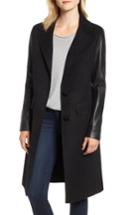 Women's Lamarque Leather Sleeve Wool Topcoat - Black