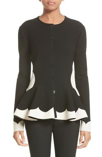 Women's Alexander Mcqueen Bicolor Contrast Jacquard Peplum Cardigan - Black
